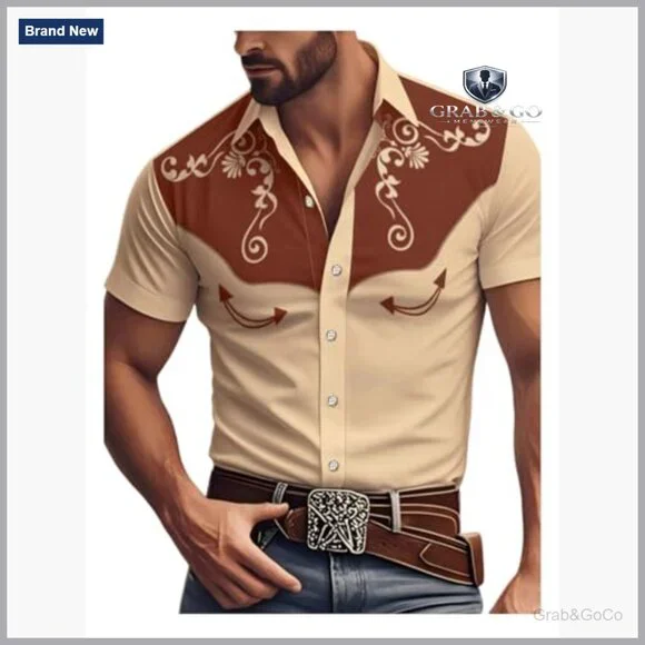 Men's Vintage Western Shirt Short Sleeve Button Down Graphic Print - Picture 2 of 5